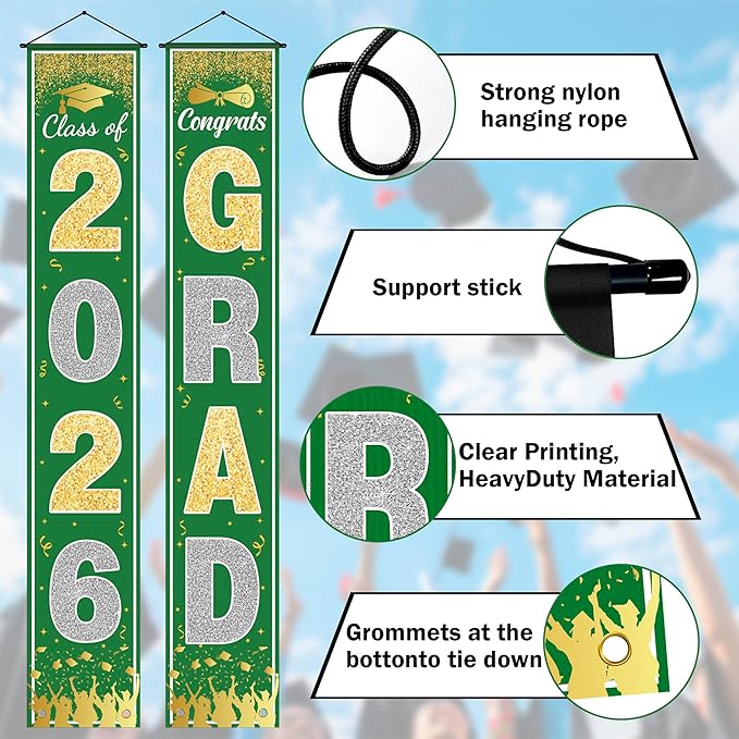 OHOME Graduation Decorations 2026 - Green Gold Congrats Grad Porch Banner for Graduation Party Decorations - Class of 2026 - Party Favors Supplies Backdrop Yard Signs Decor (Green)