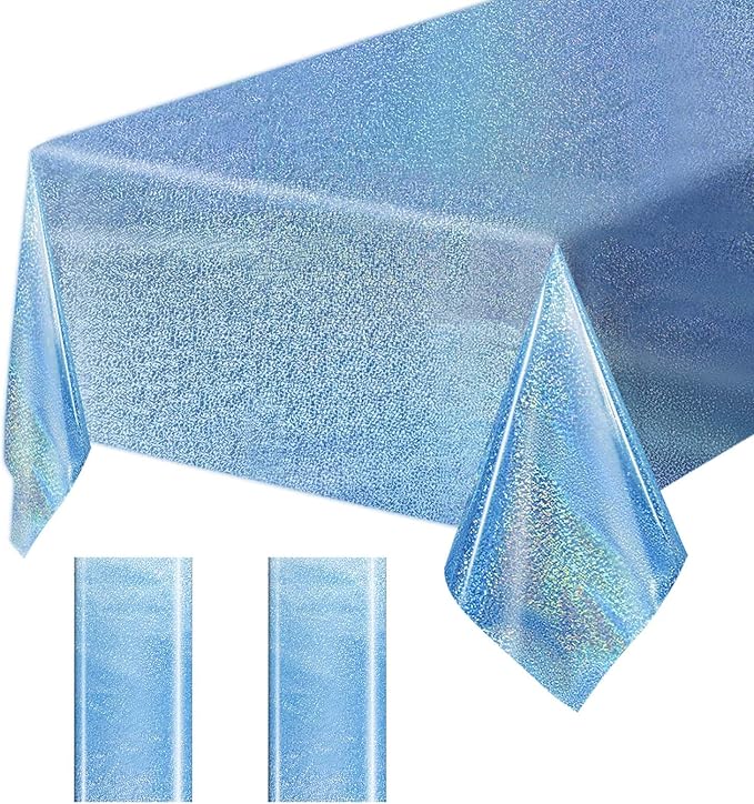 2 Pack Light Blue Iridescent Plastic Tablecloth Disposable 54 × 108 Inch Glitter Holographic Foil Table Cloth Plastic Laser Rectangle Table Cover for Birthday Wedding Disco Party