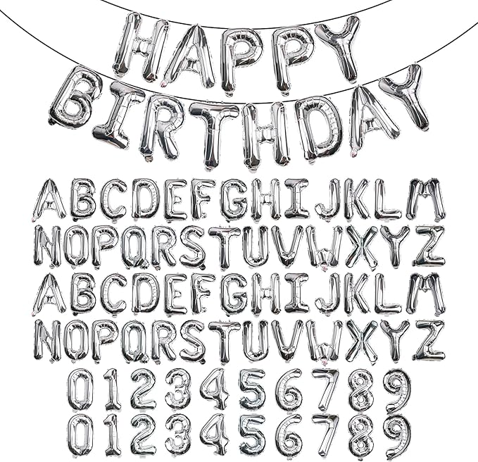 [85 PCS] 16" Silver Letter Number Balloons, Happy Birthday & 2 Sets of A-Z 0-9, Foil Mylar Aluminum Hanging Alphabet for Graduation New Year eve Birthday Party Decorations