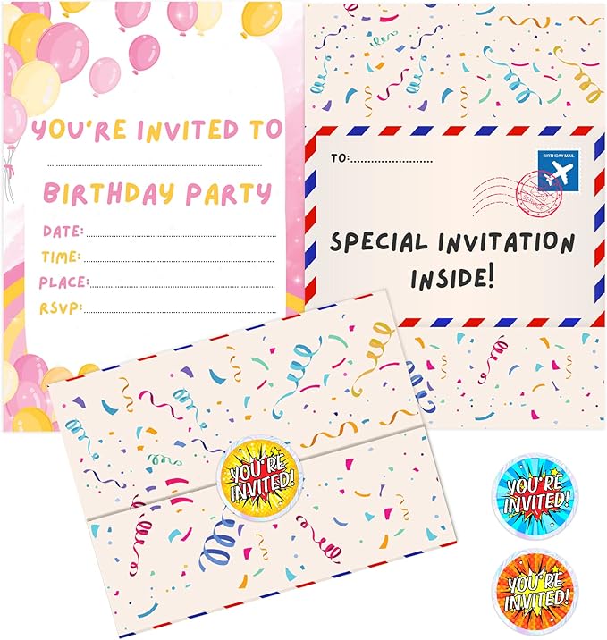 36 Kids Childrens Birthday Party Invitations with Folding Envelope Design and Holographic Stickers (Pink)