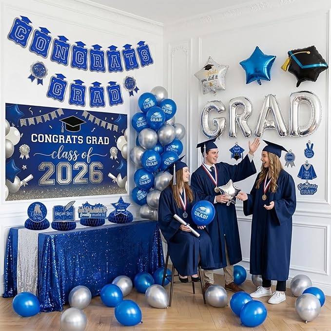 Royal blue silver Balloons GRAD Print Balloons with Banner Table Honeycomb Centerpieces Hanging Swirl backdrop Stars Graduation Cap GRAD Letters Mylar Balloons for 2026 graduate Prom Decorations