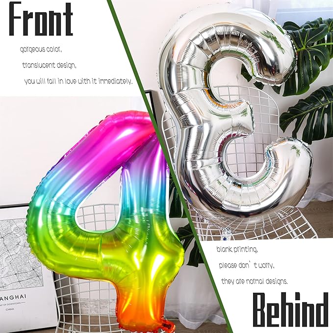 Number Balloon | Number 4 Balloons for 4th Rainbow Birthday Decorations | Giant Multicolor Mylar 4 Balloon Number - 40 Inch | Big Colorful 4 Birthday Balloons for Anniversary Party Supplies Favors