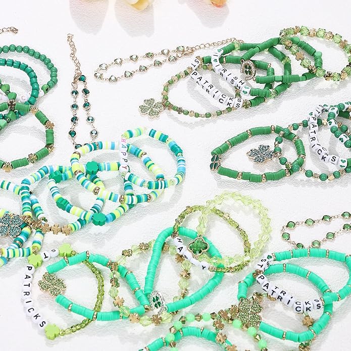 Cooluckday 36 Pcs Holiday Heishi Surfer Bracelets for Women Bulk Easter Mother's Day Christmas St. Patrick's Day Mardi Gras Bracelet Stackable Stretch Friendship Bracelets Set