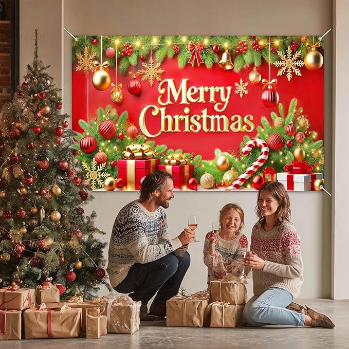 Merry Christmas Backdrop 71x43 Inches Red and Gold Gift Box Scene Banner Holiday Party Photography Background Indoor Outdoor Christmas Decorations for Wall or Door