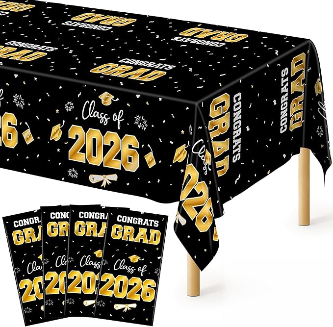 QZYL 4 Pack Graduation Decorations, 54" x 108" Black and Gold Rectangle Graduation Table Cloths, Plastic Tablecloth for College Congrats Grad, Disposable Grad Party Decorations for Class of 2026