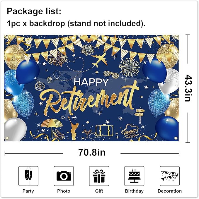 Mocsicka Retirement Party Decorations Blue and Gold Happy Retirement Backdrop Banner Retired Party Decorations Photo Booth Props (Blue Gold, 180x110cm)
