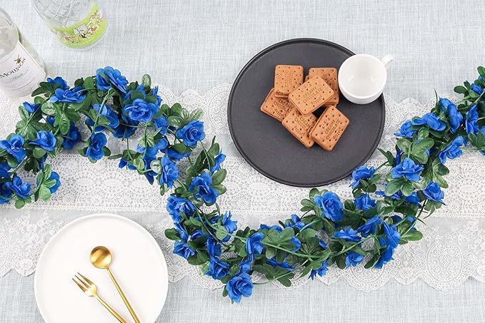 Miracliy 8Pcs 66FT Blue Flower Garland, Artificial Rose Floral Vines Fake Hanging Spring Flower Garland for Wall Backdrop Wedding Arch Tea Party Door Mantle Decoration