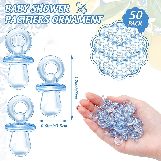 Whaline 51 Pcs Pacifier Hunt Baby Shower Game Include Tile Lemon Wooden Sign 50 Blue Plastic Pacifier for Gender Reveal Party Favor Gift Supplies