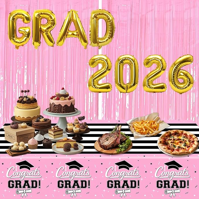 7-Pack Graduation Party Decorations Set, 3 Pink Graduation Tablecloths 54x108in, 2026 And GRAD Balloons, 2 Foil Fringe Curtains for High School College Graduation Party Photo Booth