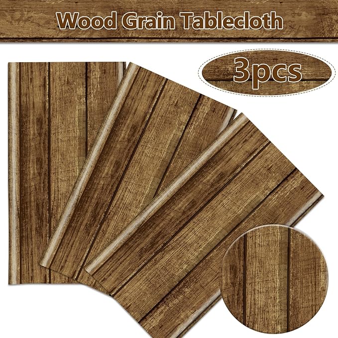3 Pcs Wood Grain Tablecloths for Round Table Western Party Decorations Plastic Western Party Tablecover for Cowboy Party Decorations Little Cowboy Birthday Baby Shower Vintage Farmhouse, 84 x 84in (3)