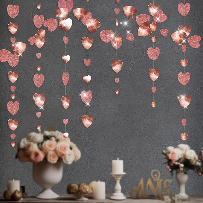 GCQQ 52Ft Rose Gold Heart Garland - Glitter Valentines Decorations 4 Packs Romantic Paper Heart Hanging Streamer for Bridal Shower Valentine's Day Party Backdrop Decorations