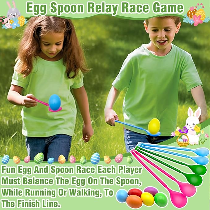 31 Pcs Easter Games Set for 6 Players - 6 Potato Sack Race Bags, Egg & Spoon Race, 3 3-Legged Bands, 2 Bunny Ear Ring Toss - Kids Family Easter Carnival Hunt Party Activities Outdoor Yard School Event