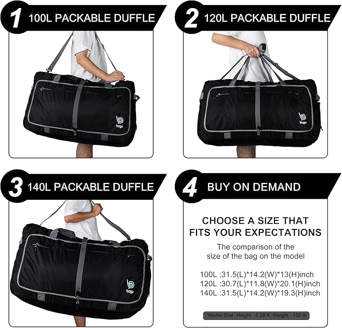 Bago Large Duffle Bag for Travel Women & Men. Durable Lightweight Foldable Travel Duffel Bags For Traveling Women. 100L Duffle Bags for Overnight Bag With Shoe Compartment Collapsible Weekender duffel