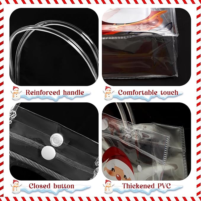 Henoyso 12 Pcs Christmas Clear Gift Bags Plastic Candy Treat Goodie Bags Red Foil Santa PVC Wrap Totes with Handles and Ribbon Xmas Party Favors (Santa and Snowman,7.8 x 7.8 x 3.1 Inch)