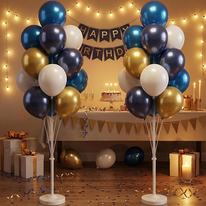 Balloon Column Kit Set of 2 With Balloons Included - Balloon Tower with Stand, Base, and Pole,Backdrop Decoration for Wedding, Baby Shower, Birthday Party, or Bachelorette Parties (Gold Blue white)