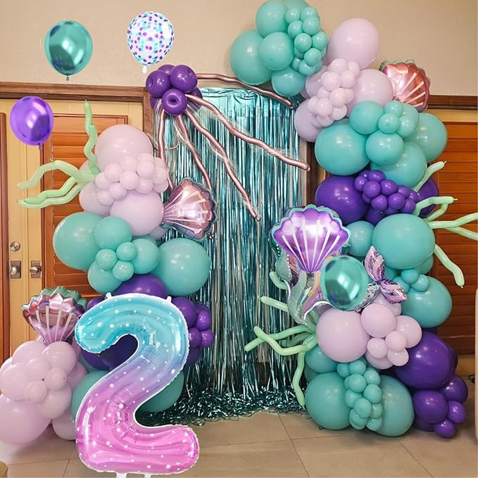 2nd Mermaid Birthday Decorations for Girls,2nd Party Decorations Metallic Purple Green Pink Blue Latex Balloons Number 2 Seashell Foil Balloons Banner Cake Topper Sea Party Decor