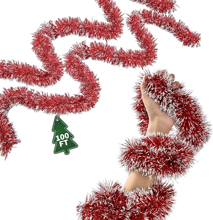 100Ft Christmas Garland - Xmas Tree Decorations, Christmas Tinsel Decorations for Indoor&Outdoor Home Decor, Christmas Metallic Twist Garland Ceiling Hanging Decorations for New Year(Red)