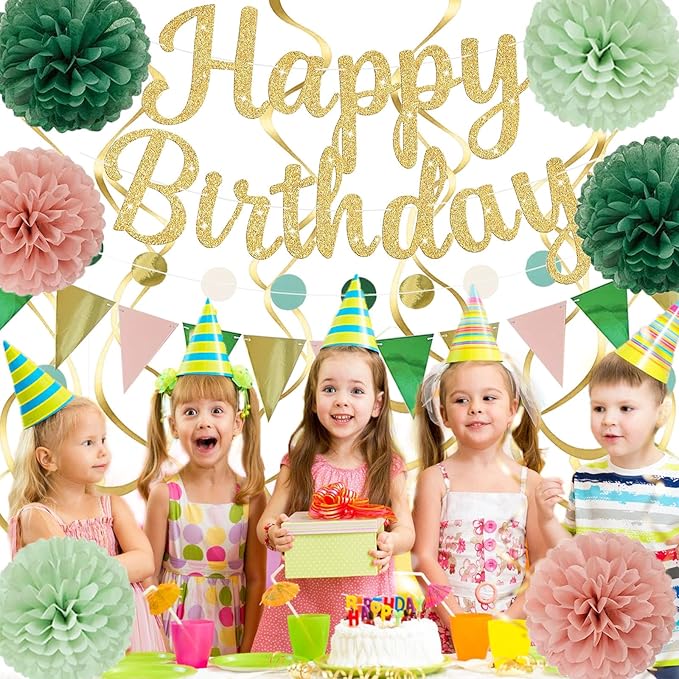 Sage Green Birthday Decorations, Happy Birthday Banner and Paper Pompoms, Hanging Swirls, Circle Dots Garland, Pennant Flags for Girls Women Party Decorations