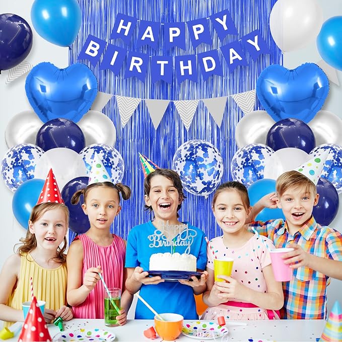 Blue Silver Birthday Decoration for Men,Navy Blue White Balloons Heart Foil Balloons Happy Birthdays Banner Fringe Curtain for Birthday Party Decorations