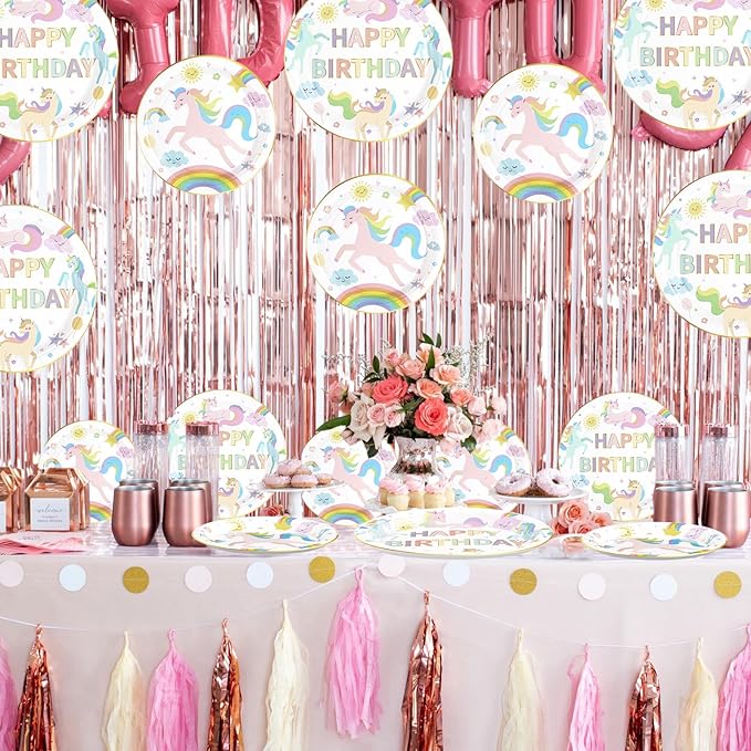 96Pcs Magical Pastel Unicorn Birthday Party Decorations 350 GSM Colorful Rainbow Unicorn Plates and Napkins Tableware Sets for Girls Baby Shower Birthday Party Supplies Serves 24