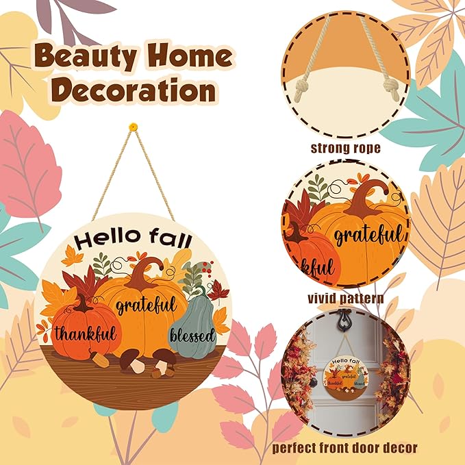 Thanksgiving Decorations - Welcome Sign for Front Door,Rustic Round Wood Wreaths for Outdoor,Maple Leaves Garland Porch Decor for Thanksgiving Friendsgiving - Fall Decor for Room Kitchen Wall