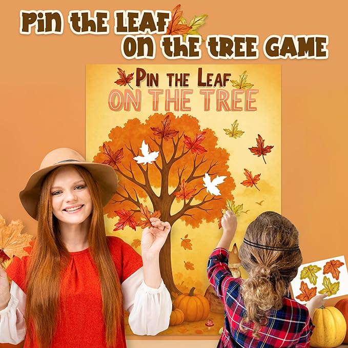 Pin the Leaf On the Tree Game Poster with 24 Pcs Maple Leaves Stickers Fun Fall Thanksgiving Pumpkin Harvest Seasonal Holiday Party Activity Decorations Supplies for Halloween Autumn Festival Birthday
