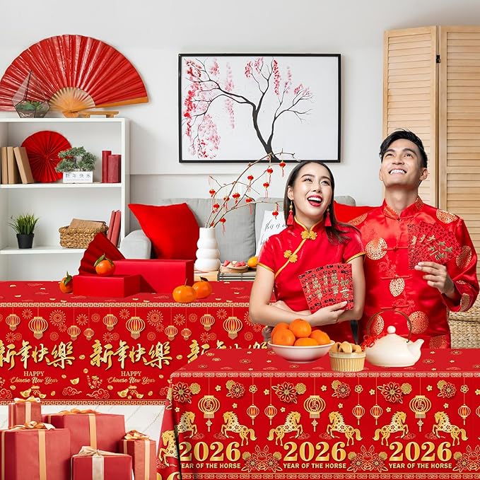 Chinese New Year Table Cloth,2pcs Lunar New Year Tablecloth Red and Gold Horse Rectangle Happy New Years Tablecloth for 2026 Spring Festival Decorations
