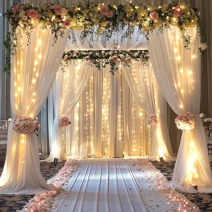 10ft x 10ft White Chiffon Backdrop Curtain with Lights String for Parties,2 Panels Sheer Tulle Curtain Wedding Backdrop with Lights for Baby Shower Birthday Party Ceremony Reception Home Decorations