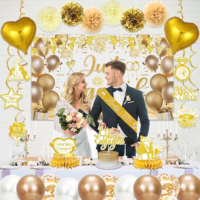 Gold Engagement Party Decorations Just Engaged Decorations Happy Engagement Banner Backdrop Banner Hanging Swirls for Married Decorations Congratulations Wedding Bachelorette Party Decorations