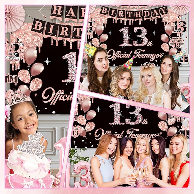 13th Birthday Decorations for Girls, Official Teenager Party Supplies, Black Rose Gold Banner Backdrop Numbers Foil Balloon Crown Sash Hanging Swirls Paper Fans for 13 Birthday Girl Decorations