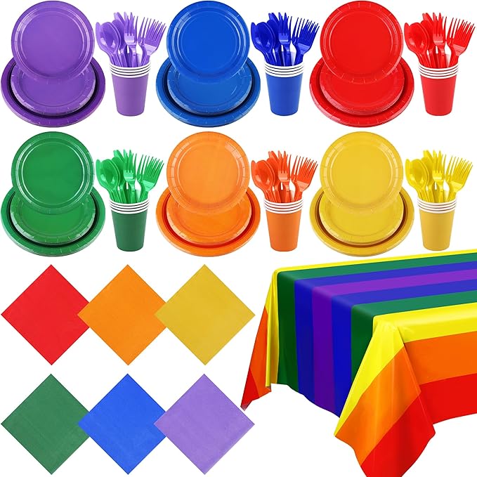 ADXCO Rainbow Party Decorations Include Rainbow Paper Plates, Cups, Napkins, Cutlery & Waterproof Tablecloth for 24 Guests