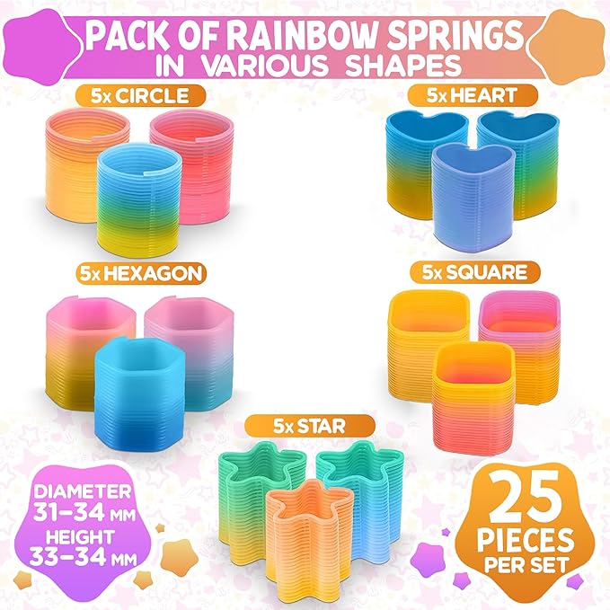 25Pcs Sensory Spring Fidget Toy Set - Rainbow Spring Party Favors with Color & Shape Recognition - Flexible Mini Springs for Teens & Adults in the Shapes of a Circle, Heart, Hexagon, Square & Star