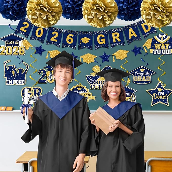Navy Blue Graduation Decorations, 2026 Grad Banner and Congrats Grad Hanging Swirls, Navy Blue and Gold Graduation Banner Graduations Hanging Swirls College Graduations Party Decoration Class of 2026