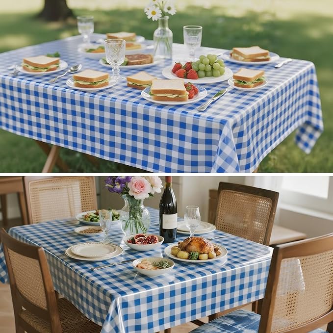 3 Packs Blue Checkered Tablecloth 54 x 108 Inch Waterproof Rectangular Plaid Tablecloth Disposable Plastic Table Cover for Holiday Birthday Party
