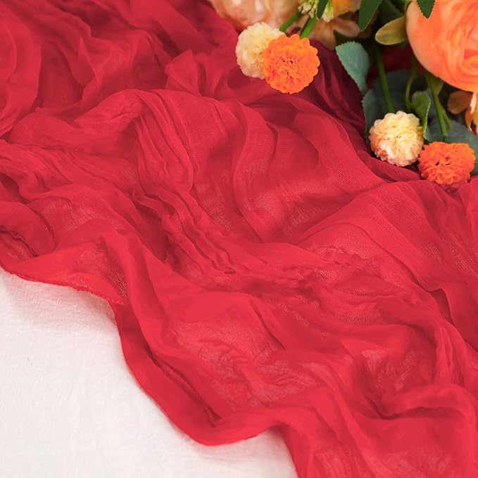 Snowkingdom 10 Ft Red Valentine's Day Cheesecloth Table Runner, 120 inch Long Boho Gauze Runner for Wedding Bridal Baby Shower Birthday Holiday Table Decorations