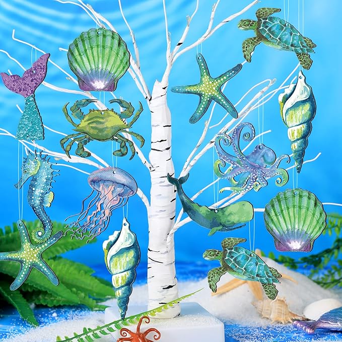 Chunful 30 Pieces Summer Tree Ornaments Christmas in July Wood Hanging Decoration Beach Wooden Slices Winter Tree Ornaments with String for Luau Hawaiian Party Supplies (Sea Style)