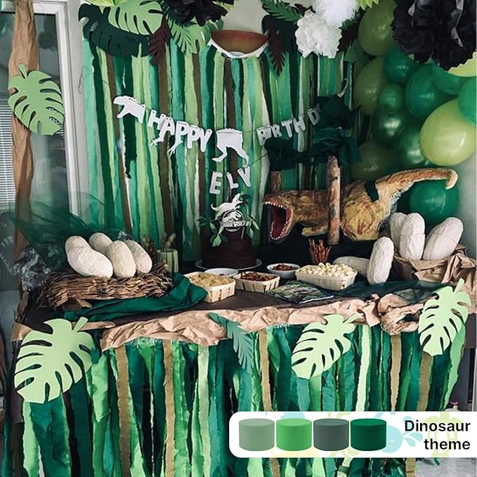 PartyWoo Dark Green Crepe Paper Streamers 4pcs 328ft Pack of Sage Emerald Forest Hunter Green Crepe Paper Streamers for Birthday Baby Shower Woodland Dinosaur Jungle Football Theme Party Decorations