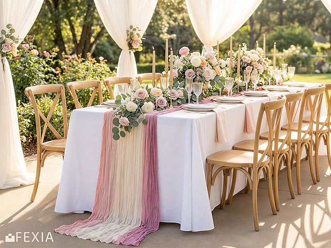 FEXIA Cheesecloth Table Runner 35x120 Inch, Ombre Pink Gauze Table Runner for Wedding, Bridal Shower, Boho Party Decor, Baby Shower, Long Table Centerpiece for Dining Table (Blush Sunset)