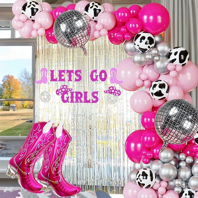 Cowgirl Balloons Arch Garland Kit For Last Rodeo Bachelorette Sash Supply Birthday Party Decorations,Hot Pink Rose Red Silver Cow Print Cowgirl Boot Disco Ball Balloon,Let’S Go Girl Banner Backdrop