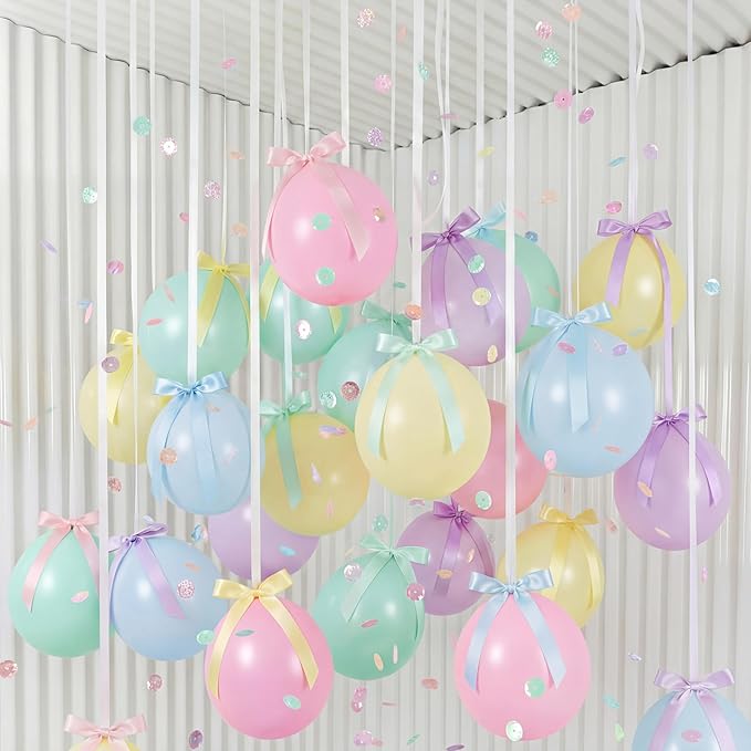 TaoBary 24 Set Easter Pastel Latex Party Balloons, 12inch Macaron Rainbow Latex Balloons and Macaron Ribbon Bows with Twist Tie for Baby Shower Birthday Party Bridal Shower Wedding Decor