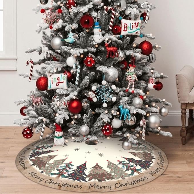 Christmas Tree Tree Skirt Xmas Tree Mat with Christmas Tree and Snowflake Design Ornaments Decorations Holiday Party Indoor Outdoor 30"