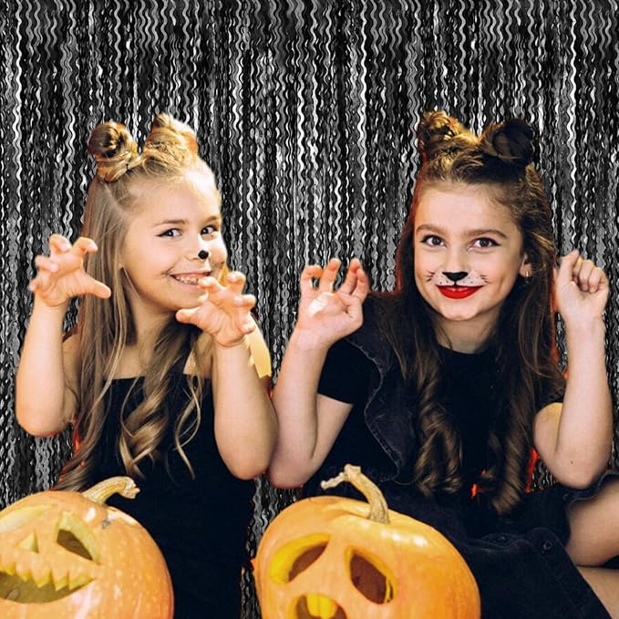 4 Pack Black Wave Foil Fringe Curtain Backdrop, 3.28Ft x 8.2Ft Metallic Tinsel Foil Fringe Streamer Curtains for Photo Booth, Mother's Day, Easter, Birthday, Wedding Party Decoration