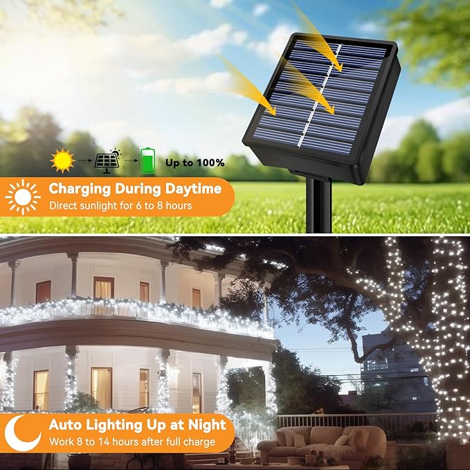 Solar String Lights Outdoor Waterproof 33ft 100LED 8 Modes Twinkle Lights Solar Fairy Lights for Patio, Garden Yard Party Wedding Tree Christmas Halloween Decoration, White