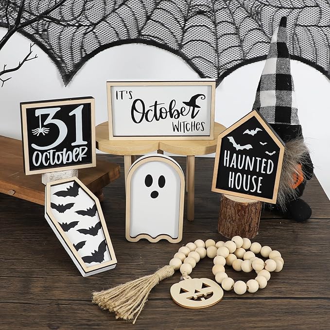 DAZONGE Halloween Decorations | 6PCS Halloween Tiered Tray Decor | Bat Coffin, Haunted House, Ghost, Witches, October 31 Sign, Bead Garland | Halloween Decor | Halloween Centerpiece for Table Shelf