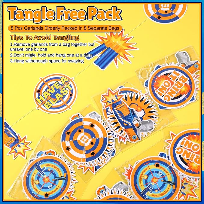 Xinnun Dart Battle Party Decorations Wars Garlands Banners Bullet Target Gun Theme Banner Cutouts Ribbon Streamers for Dart Battle Birthday Party Supplies Favors