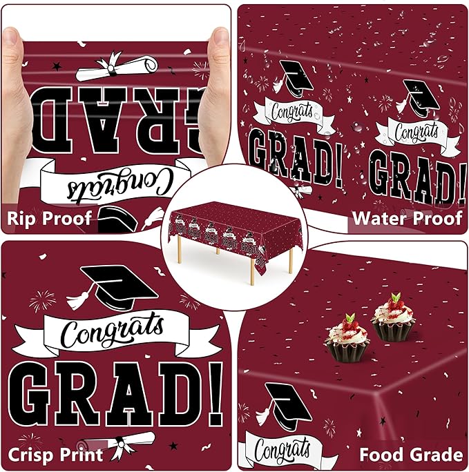 QZYL 2 PCS Graduation Decorations 2026, 108" X 54" Maroon Graduation Table Cloths, Rectangle Table Cloths for Class of 2026 Congrats Grad, Disposable Plastic Tablecover for Grad Decor Party Supplies
