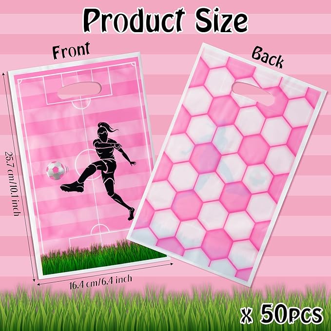 Soccer Party Favor Bags - 50Pcs Pink Football Goody Candy Treat Gift Bags, Sport Themed Party Decorations for Adult Kid Boy Girl Birthday Outdoor Sports Team Games Events Holiday Supplies