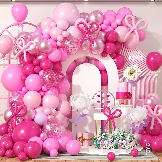 Pink Balloon Garland Arch Kit, Hot Pink Metalic Pink Pastel Pink Latex Balloon with Confetti Balloon Long Balloons for Girls Women Birthday Wedding Baby Bridal Shower Graduation Party Decorations