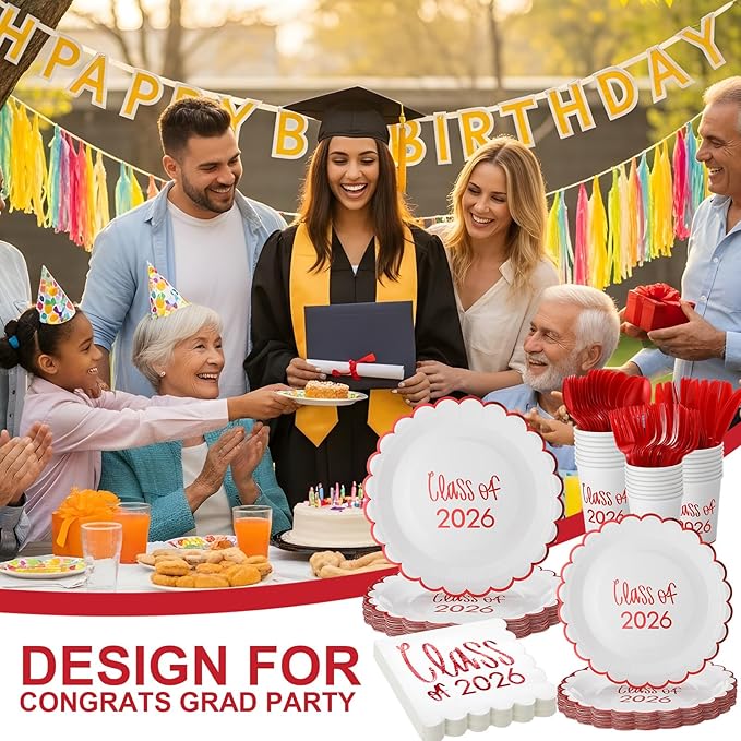 Class of 2026 Graduation Party Supplies, 175 Pcs Congrats Grad Paper Plates Napkins and Cups Cutlery Disposable Tableware Set for College High School Congrats Decorations, Serves 25(Red)
