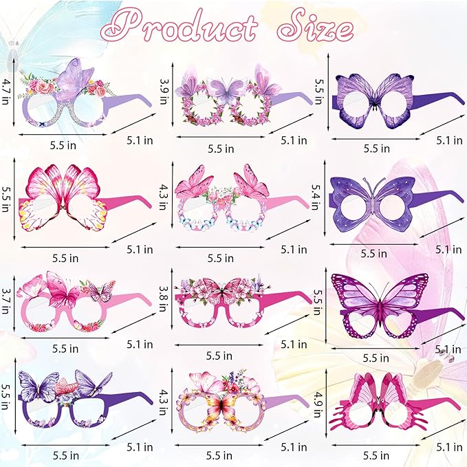 12PCS Butterfly Glasses, Butterfly Birthday Party Paper Eyeglasses Photo Booth Props for Spring Birthday Party Supplies